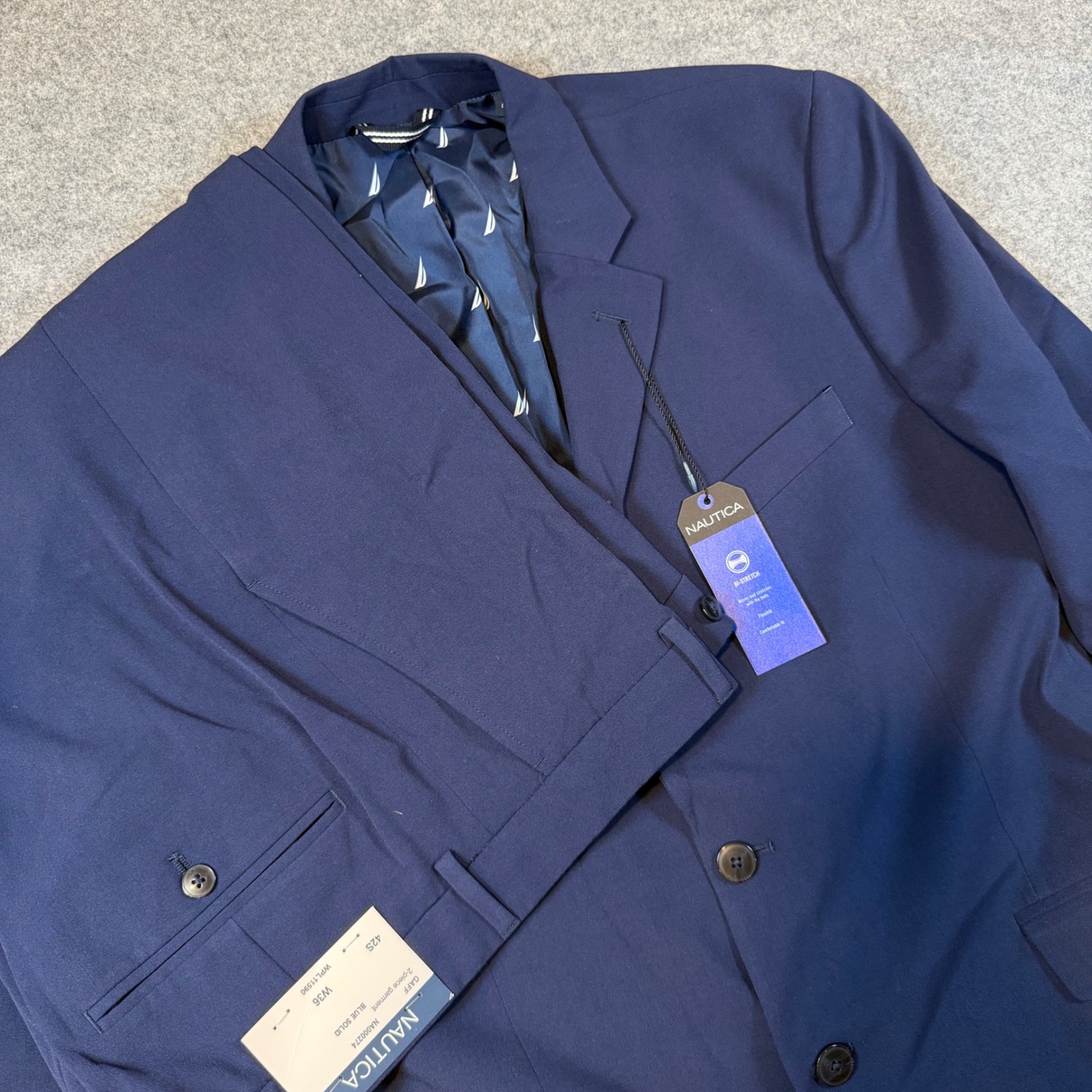 Nautica Mens Gaff 2-Piece Suit Blue Solid Active Bi-Stretch Modern Fit 42s W36